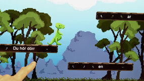 bild från språkmelodispelet med en dinosaurier hoppar på olika plattformar.